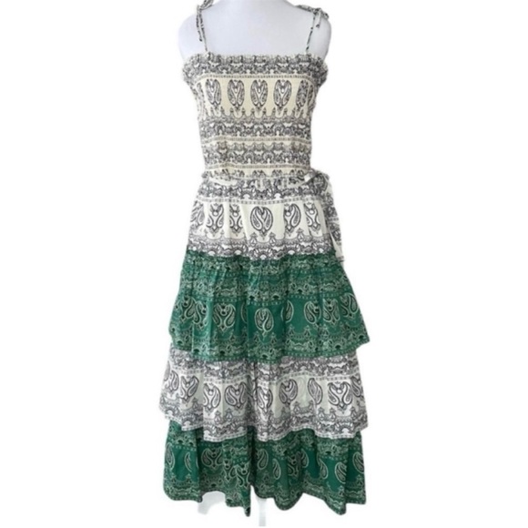 Tory Burch Dresses & Skirts - Tory Burch Printed Ruffle Dress Tiered Ivory Green Paisley Size Large